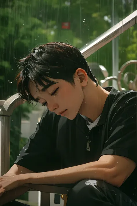 A man is sitting on a bench in the rain, Sparkling in the rain, Water is dripping from him., Like the tears of rain that fall at the moment of death, Tears in the Rain, elegy, summer rain, Doyoung Kim, elegy 오는 가운데, Drenched in the rain, 세차게 elegy 쏟아진다, ju...