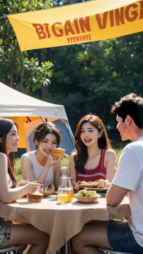 4 young people camping and barbecue，Sit around the table，eating barbecue, movie promotional videotional image, food advertising, Ad Image, Warm and joyful atmosphere, poster, beer, Advertising photos, you, 8k octan Advertising photos, ready to eat, televis...