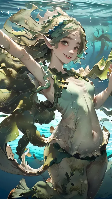 (((masterpiece))),((highest quality)),one beautiful girl,pale, (seaweed anthropomorphic character: 1.5), (seaweed hair:1.5)、(smile 1.5)、(belly button)、((seaweed clothes:1.5)),(private server), (exposure of skin),(The background is underwater:1.5).(((from t...