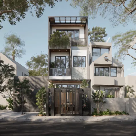 townhouse in city, (sharp focus) front view of townhouse in style of modern, vietnamese architecture, east asian architecture, t...