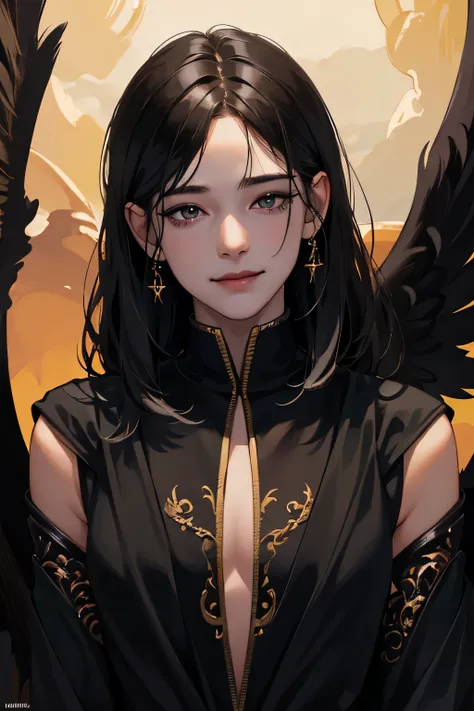 k , ultra high definition , extremely detailed, extremely detailed background , draw a fair skinned fallen angel with dark soul powers and black wings ,he has medium hair , smiling, there is a deep sadness in his eyes, skiny , extremely detailed face,