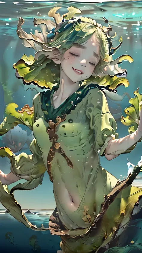 (((masterpiece))),((highest quality)),one beautiful girl,pale, (seaweed anthropomorphic character: 1.5), (seaweed hair:1.5)、(smile 1.5)、(belly button)、((seaweed clothes:1.5)),(private server), (exposure of skin),(The background is underwater:1.5).(((from t...