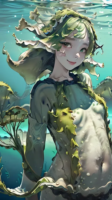 (((masterpiece))),((highest quality)),one beautiful girl,pale, (seaweed anthropomorphic character: 1.5), (seaweed hair:1.5)、(smile 1.5)、(belly button)、((seaweed clothes:1.5)),(private server), (exposure of skin),(The background is underwater:1.5).(((from t...