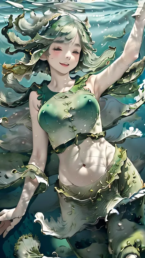 (((masterpiece))),((highest quality)),one beautiful girl,pale, (seaweed anthropomorphic character: 1.5), (seaweed hair:1.5)、(smile 1.5)、(belly button)、((seaweed clothes:1.5)),(private server), (exposure of skin),(The background is underwater:1.5).(((from t...