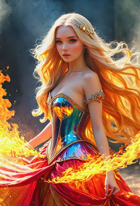 blonde with long hair in a princess outfit full-length engulfed in fire