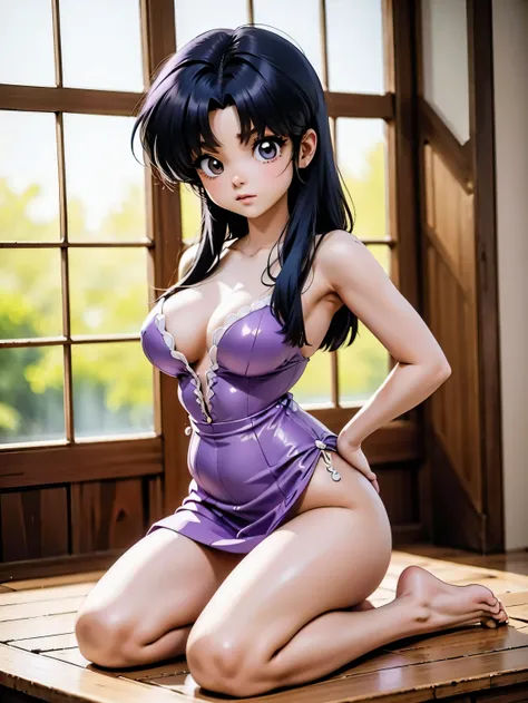 Garota anime de cabelo escuro com saia vestido longo purple meio transparente e espartilho, 16 anos, corpo bonito, seios grandes, com hand in panties , hand in hair, Garota sensual, blue hair cabelo, mechas de cabelo laterais, mechas de cabelo na lateral d...