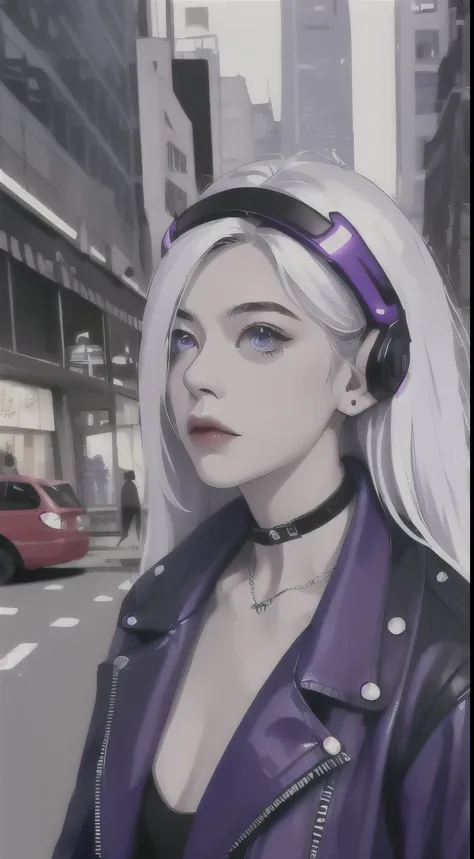 1girl, white hair, long hair, techwear  masterpiece, bestquality, realistic, realism, dark purple jacket, portrait, detailed eyes, wearing headset, platinum hair, 21 year old girl, fashion pose, half body, wide shoot, on the street, cyberpunk