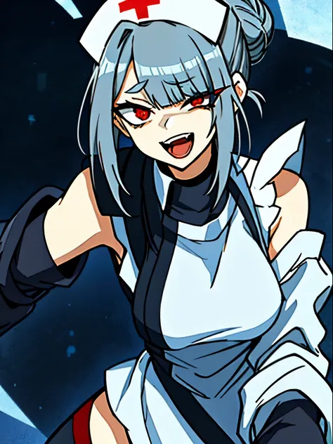 (1girl, solo:1) (masterpiece, best quality:1), ultra-detailed, dark grey hair, red eyes, tied hair, hair bun, nurse headwear, (asymmetrical fringe, asymmetrical clothes:1.4), (lab coat, lab coat falling over one shoulder open lab coat:1), white apron, nurs...