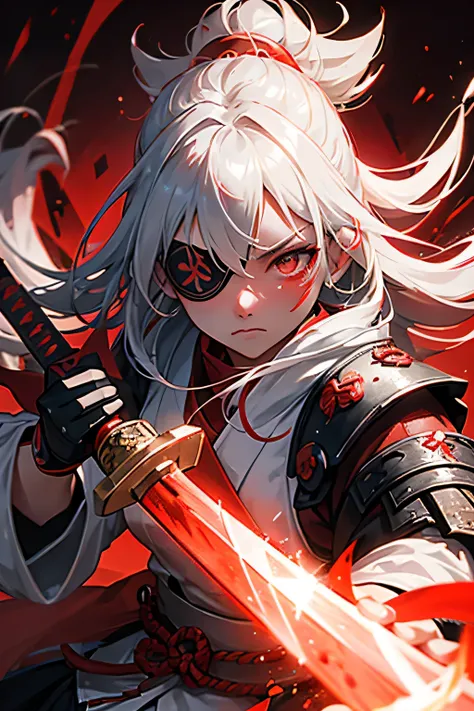 A female samurai wielding a red sword, gray hair　eye patch　blood splatter　Red Moon　