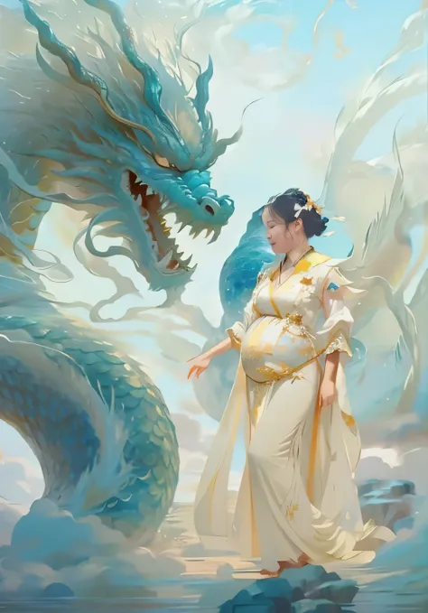 有一个女人站在dragon雕像前, 背景中的dragon, 中国丝绸3ddragon, 逼真逼真的dragon, xianxia fantasy, chinese fantasy, inspired by tang yifen, queen of the ...