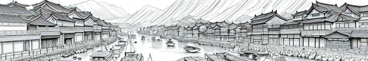 black and white drawing of a river with boats and buildings in it, cg society contest winner, modern european ink painting, chinese brush pen illustration, dreamy chinese town, detailed art, highly detailed illustration, traditional korean city, highly det...