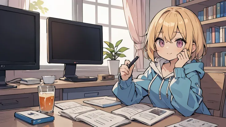 (blonde girl with short cut),(((sitting at a desk typing on a laptop keyboard))),(((There is a monitor, materials, and books on the desk.))),(((have a tablet))),(((blue zip hoodie))),(((Pink inner))),(black hot pants),pink eyes,open your mouth, A sloppy sm...