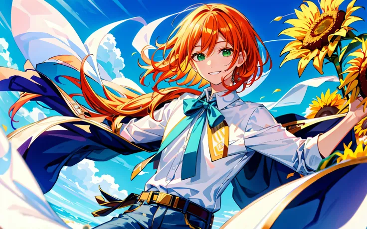 highest quality、perfect face、very detailed、very delicate、男alone,solo、 detailed face、detailed eyes、golden ratio face、Gentle sunlight falls on my face,white collared shirt、ブルーのshorts、shorts、jeans、summer、Sunflowers are in full bloom、orange hair、medium hair、ce...