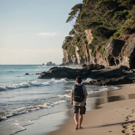 A person with a backpack and laptop walks confidently on a scenic beach, looking out at the ocean.