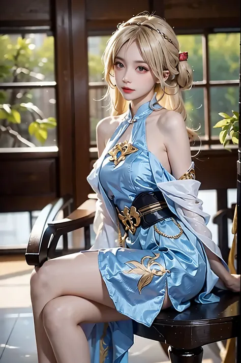 yinziping,china dress, ((full body)), Shot from random angles, 22-year-old Japanese model, Slim, thin waist, curls, Jie Kang , ((bare shoulders)), ((The skirt is short)), high waist, nice belt, blond hair, warm light, Warm toned slender legs, cross legs, i...