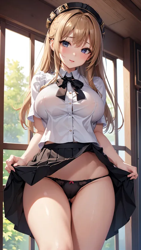 ((highest quality, Highly detailed CG Unity 8K wallpaper))、detailed face、perfect body、unparalleled beauty、beautiful breasts、open your legs、((She lifts up her skirt and shows her panties、naughty look))