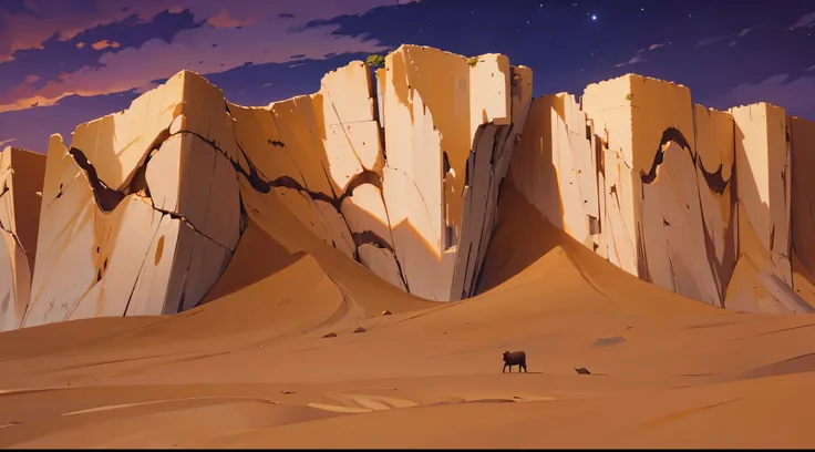 (super wide savana), super big rocky cliff in the middle of supper wide desert, evening sky