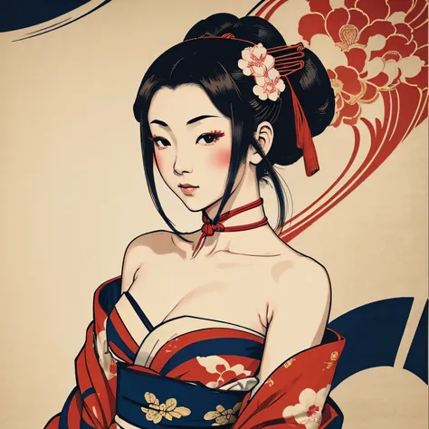 Art vintage japonais, Conception de t-shirts, art vectoriel, art plat:1,4.  (japonaise, en kimono, best quality, Art officiel, Beaucoup de couleurs, couleurs du japon, ukiyo-e, style shibari , bare shoulders: 1.2)