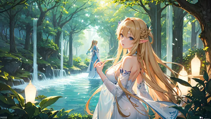 A graceful elf girl stands in a meadow, her delicate features illuminated by the soft light of the setting sun. Her long, flowing hair cascades down her back, adorned with intricate braids and adorned with sparkling jewels. This stunning painting captures ...