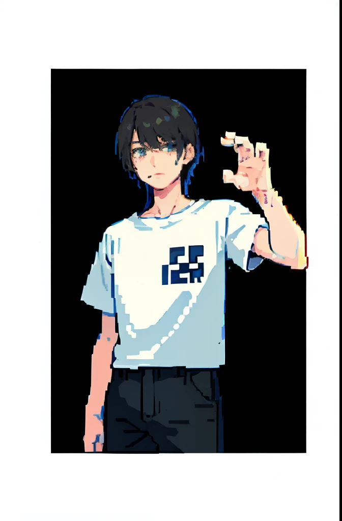 (masterpiece, top quality, best quality), Pixel, Pixel art, Pixel艺术，Pixel方块，Cartoon，hair，的hair, , square, friendly， whole body, white shirt, boys，boy，vitality，tall