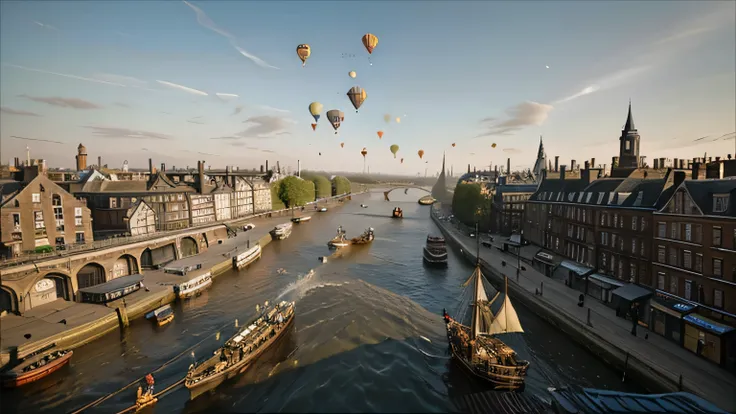 Streets of the Thames in Victorian London, England，There is a hot air balloon floating at the height of the roof in the close shot，The hot air balloon occupies half of the frame，There is a child sitting in the basket of a hot air balloon，