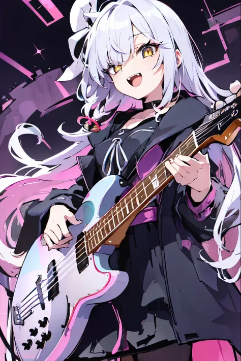 ((masutepiece)), ((Best Quality)), (Ultra-detailed), Anime style, Live performance venue, Cute s, 1girl in, Solo, Playing the guitar 00, ((Beautiful eyes))0, Smile,(((yellow eyes))),