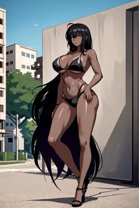 Masterpiece, best quality, high resolution, 1 woman, Karin , black skin , black hair , black bikini , abdomen , big breasts, Long legs , stand on your hips , roadside , city