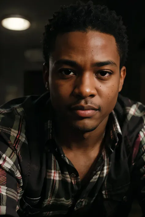 ((best quality)), ((chlifestyle photography shot of a black man, anticipating facial expressions, red flannel shirt, black cargo pants and combat boots, close-up of face, under low lighting, wide angle, shot with a Fujicolor Pro ef-d&#39;artwork)), (detail...