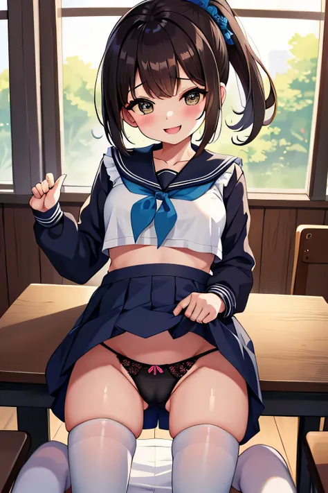 highest quality、High resolution、detailed background、cute10代の少女、(two women:1.5)、brown hair、bob cut、ponytail、huge breasts:1.3、brightly colored sailor suit、navy pleated mini skirt、white overknee socks、Floral embroidered panties、floral embroidered bra、she look...