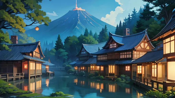 Anime scenery from twisted river with few japanese houses with laterns, Blue Studio Ghibli Wallpaper, Ghibli Inspired Atmosphere midday Ambiance, Fantasy, Japanese Sky