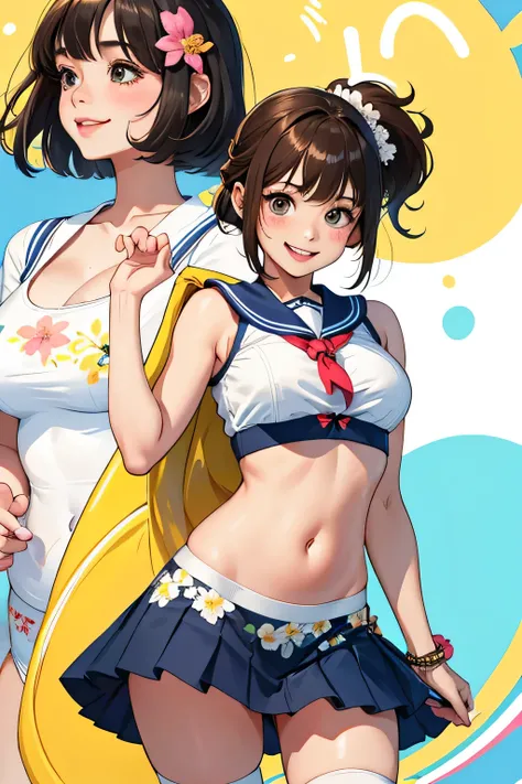 highest quality、High resolution、detailed background、cute10代の少女、(two women:1.5)、brown hair、bob cut、ponytail、huge breasts:1.3、brightly colored sailor suit、navy pleated mini skirt、white overknee socks、Floral embroidered panties、floral embroidered bra、She show...