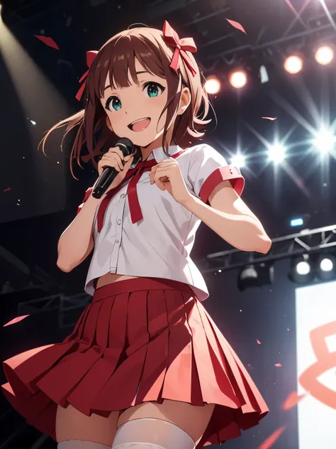 CG, unity, 8k, wallpaper, highest quality, masterpiece, cute girl singing, haruka amami, (smile: 1.3), open your mouth wide, Small symmetrical ribbons on each side of the head, (red skirt: 1.3), BREAK, (white stockings: 1.3), sweaty, best lighting, complex...