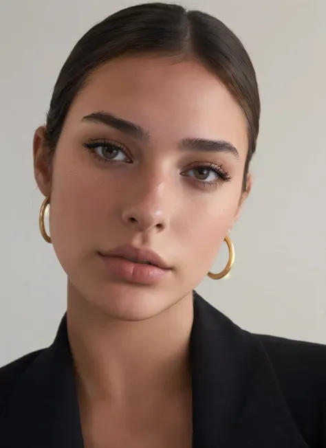 arafed woman wearing a black jacket and gold hoop earrings, portrait sophie mudd, gold hoop earings, portrait emily ratajkowski,...