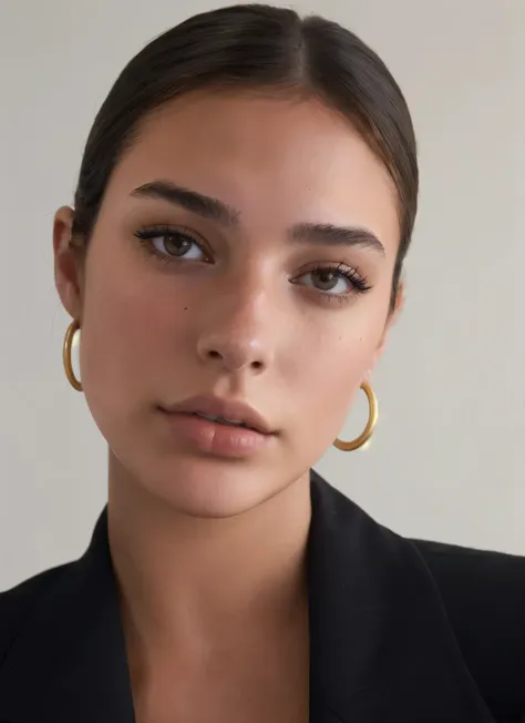 arafed woman wearing a black jacket and gold hoop earrings, portrait sophie mudd, gold hoop earings, portrait emily ratajkowski,...