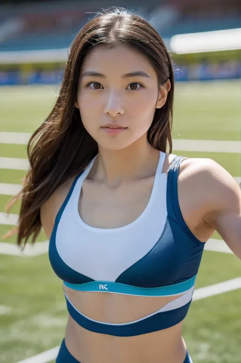 (8K, ultra expensive res, best quality, expensive_quality, masterpiece:1.2), realistic, (highly detailed eyes and face), (Super fine and beautiful skin), alone, 1 Japanese girl, 27 year old female, track and field athlete, At the track and field stadium, m...