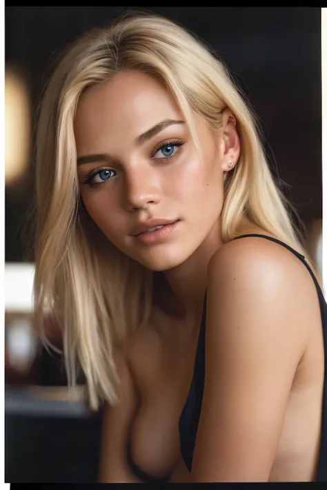 (close-up, editorial photograph of a 19 year blonde woman), blond hairbl, Brown eyes, solo, happy gin, 19yo, off-shoulder, Top Quality, masterpeace, extra high resolution, (highly detailed face:1.4) (smile:0.7) (background inside dark, moody, private study...