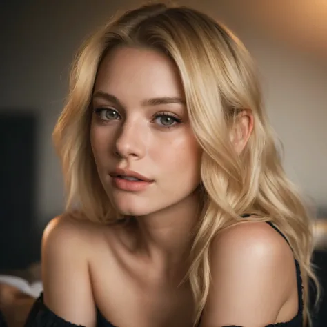 (close-up, editorial photograph of a 19 year blonde woman), blond hairbl, Brown eyes, solo, happy gin, 19yo, off-shoulder, Top Quality, masterpeace, extra high resolution, (highly detailed face:1.4) (smile:0.7) (background inside dark, moody, private study...