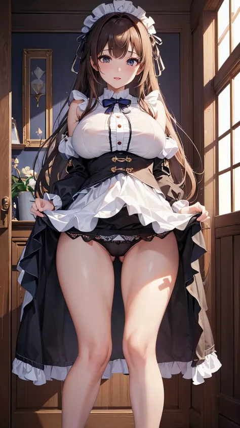 ((highest quality、High resolution、Highly detailed CG Unity 8K wallpaper))、detailed face、perfect body、unparalleled beauty、beautiful breasts、open your legs、((She lifts up her skirt and shows her panties、sexy expression))