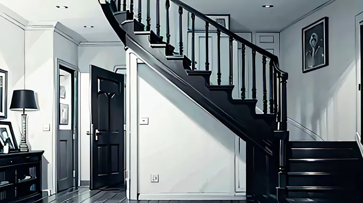 living room stairs wall black and white