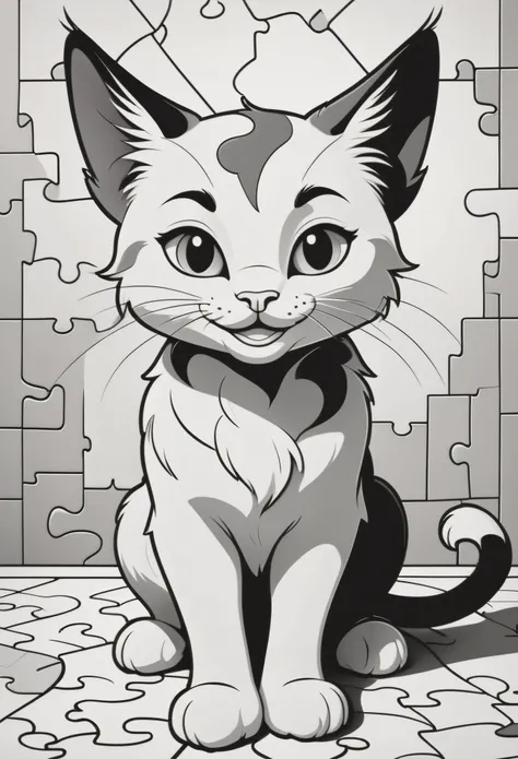   create a picture of a coloring book page with a smiling cat, in Disney style simple line illustration style, with puzzle pieces and a very bold line. It will only be in black and white, sem cinza, and you will have a high quality full body view