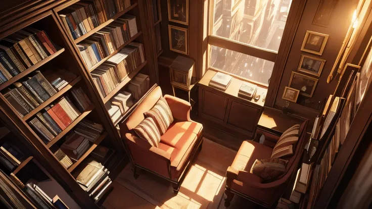 CG, unity, 8k, wallpaper, highest quality, masterpiece, Used bookstore with no people, best lighting, complex pupils, complex textile, detailed background, at a used bookstore, many books are stacked up, scattered books, (evening: 1.5), (Nostalgic and ephe...