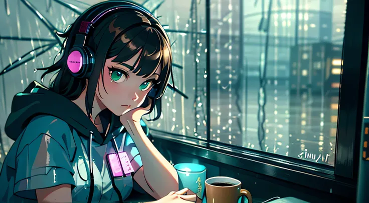 (Best quality, 4k, Masterpiece :1.3), ((rainy night: 1.5)), Girl 20 years brunette , cyberpunk lo-fi, in the bedroom, listening to music on pc, coffee cup on the table, headphones, open window on rainy night, white top glued, short shorts, wearing socks, u...