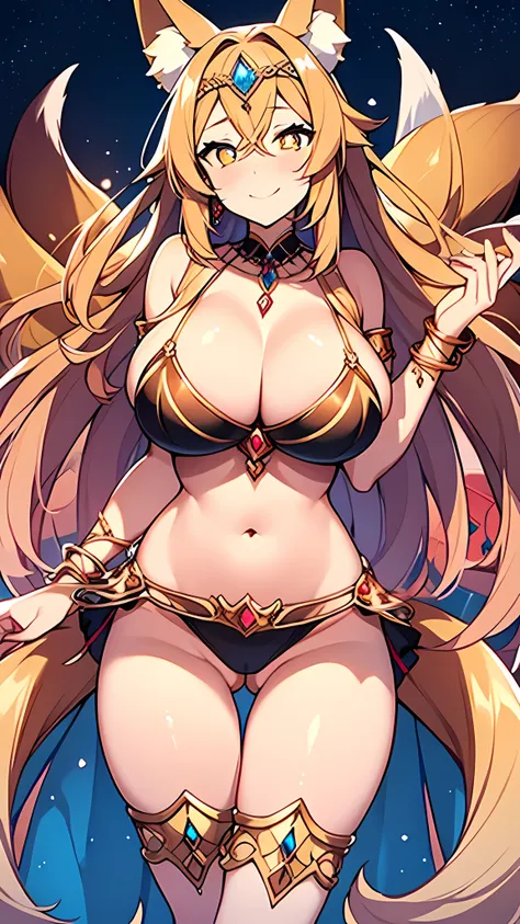 (masterpiece), best quality, expressive eyes, perfect face,(fox girl, Fox ears, fox tail),light brown hair,(glowing yellow pupils),(huge breasts:1.2),cleavage,(bare legs),heel sandals,(thigh gap:1.5),(belly dancer, harem outfit, pelvic curtain:1.2),light b...