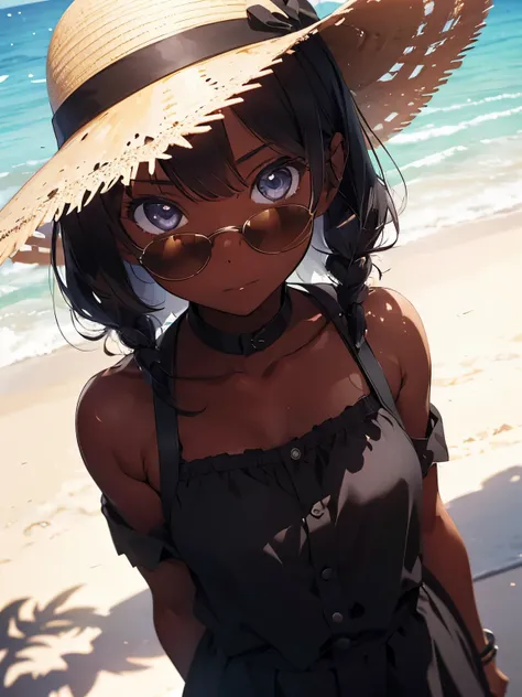 1girl, Anime Girl, Tanned Skin, Black Eyes, Black Hair, Straw Hat with Black Ribbon, Black Sunglasses, Black Summer Outfit, Black Sandals, Beach Background, Chilling, Sunny, Bright, Cinematic Lighting, Close-up Portrait, Standing Position