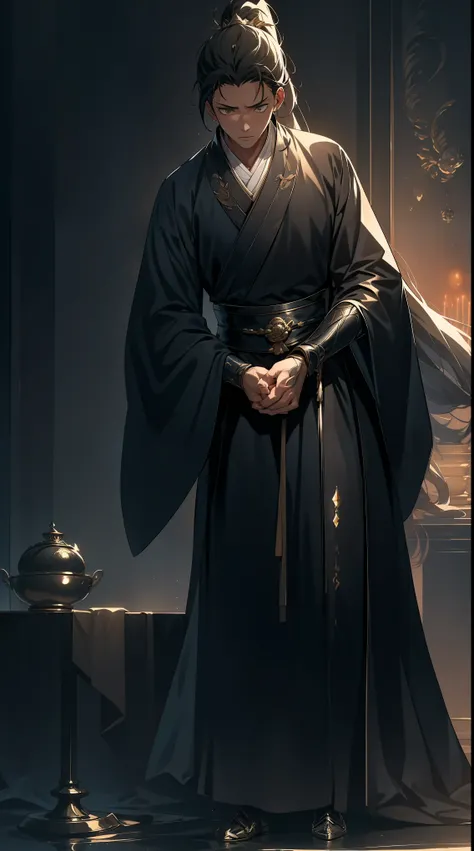 two-dimensional，anime style，one person（male warrior），Correct proportions，facial details，swordsman，High ponytail hairstyle，neck details，There is an Adam&#39;apple，black and gold robe，joke，black and gold robe，clothing details，transfer，long sleeve，Game qualit...