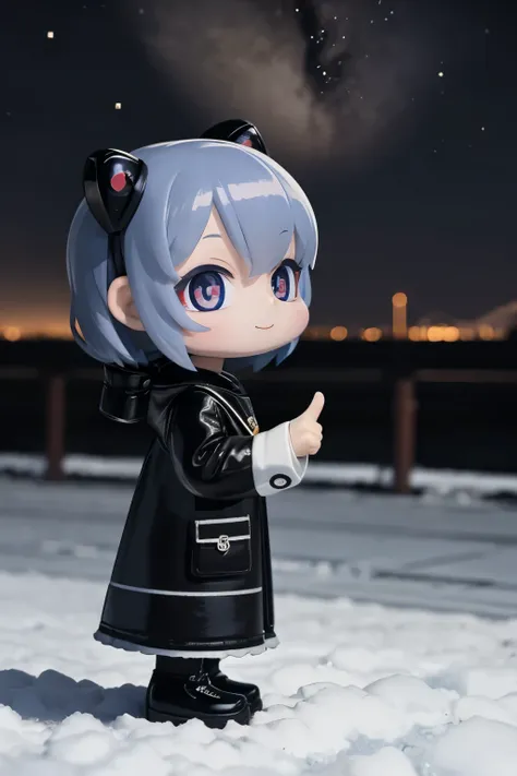 The following scenes will be expressed using chibi girl dolls.（Photoreal、Looking up at the stars in the night sky and pointing、eye up、smile、Take a photo from the side）