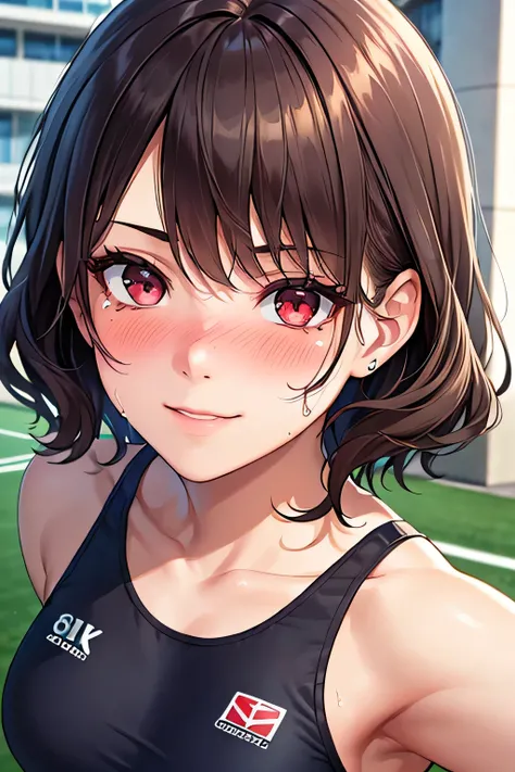 ((highest quality, High resolution, perfect pixel, Depth of written boundary, 8K)), 1 girl, university student, beautiful girl, ((brown hair,short hair, curly hair:0.8)), ((red eyes:1.4, beautiful eyelashes, realistic eyes)), (detailed face, blush:1.4), sm...