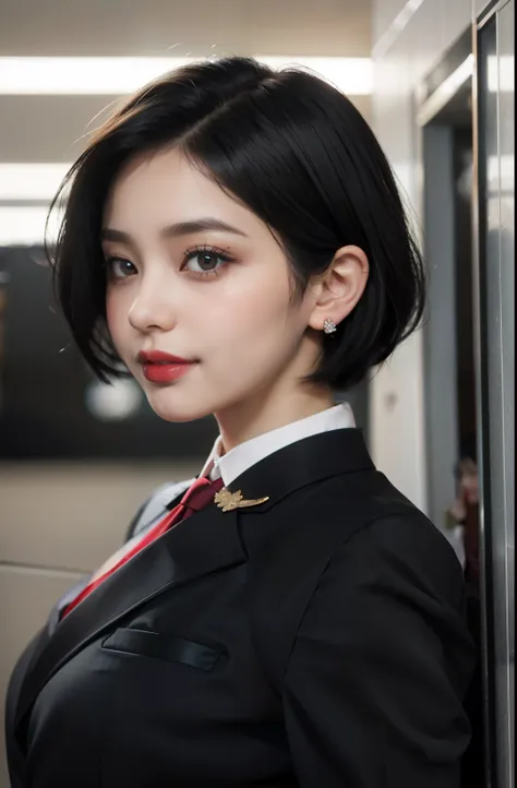 pretty girl, short hair, wearing a formal suit, tie, big breasts, sexy, lipstick, smile, beautiful eyes, black hair, neatly comb...