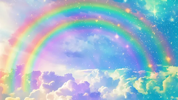 there is a the rainbow in the sky with clouds and stars, ethereal the rainbows, bright the rainbow nimbus, ethereal the rainbow nimbus, the rainbow bg, sunny the rainbow galaxy stormy sea, the rainbow in the sky, soft the rainbow, very colorful heavenly, t...