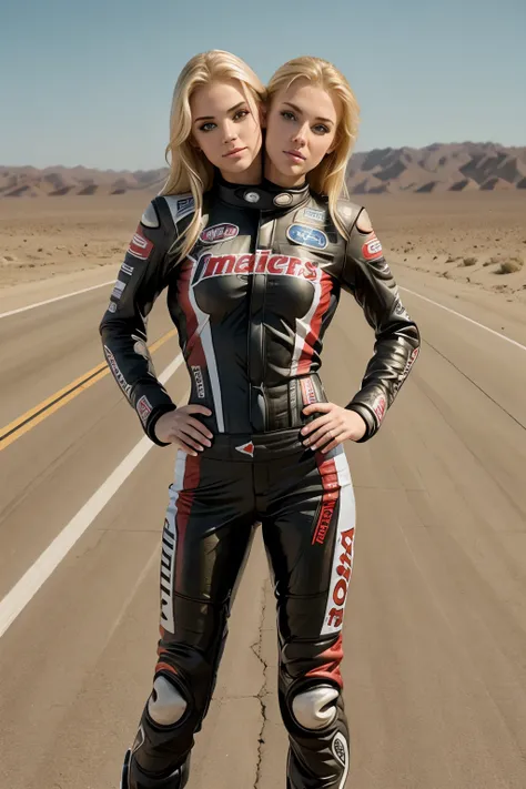 (2heads), beautiful blonde, 21 year old, american woman, motorcycle racing outfit, daredevils, realistic, 8k, koda photo, photo ...